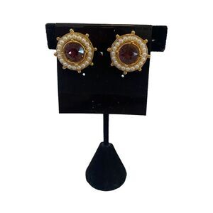 Vintage Striking Button Clip-On Earrings w/ Large Faux Amethyst Stone.